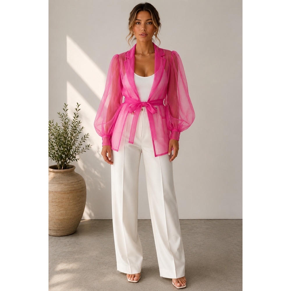 Danielle Guizio Hot Pink Sheer Organza Blazer Tie Waist Jacket Coquette Y2K S